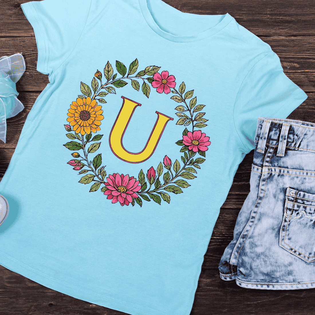 Decorative U Monogram with Bright Flowers T-Shirt Design preview image.