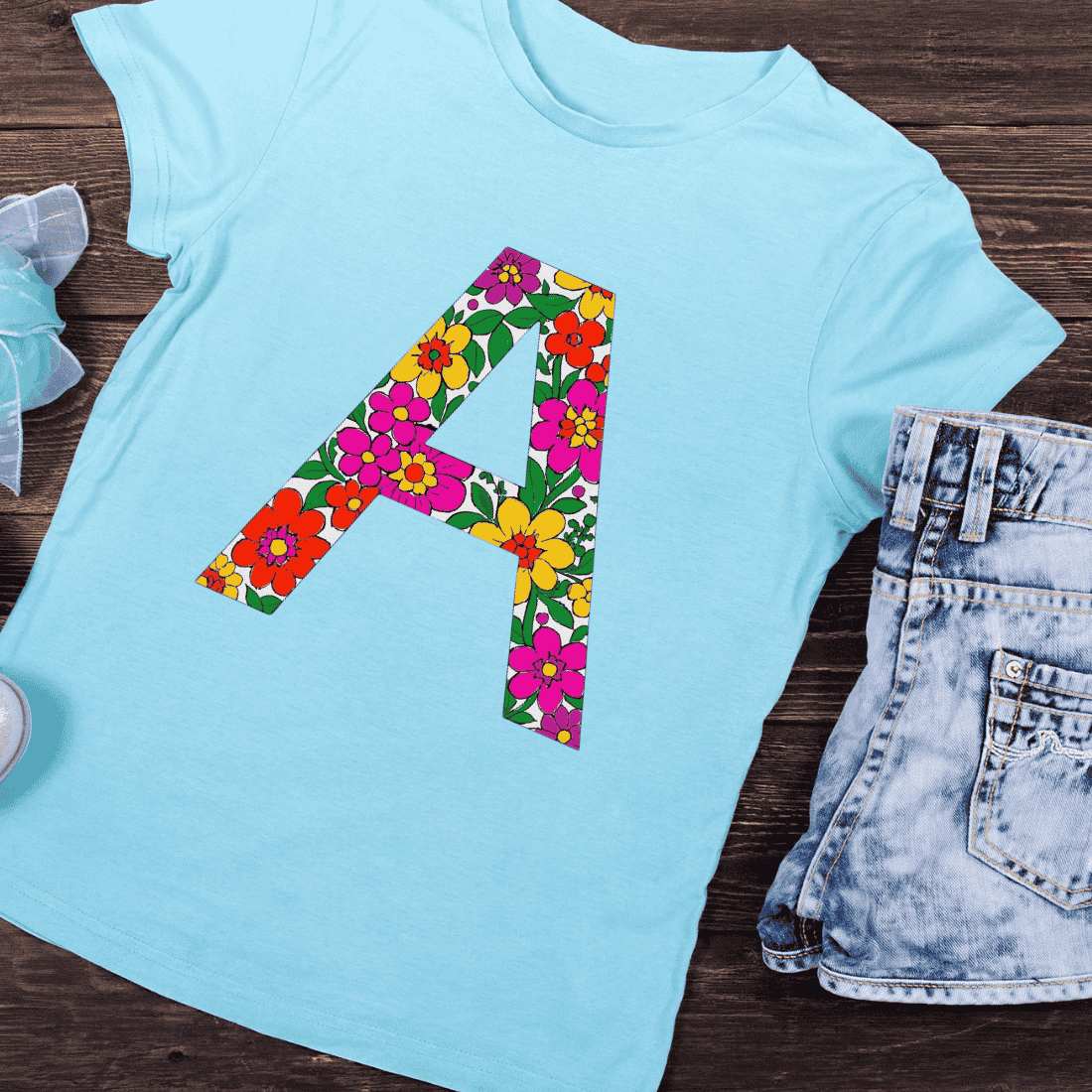 Hawaiian Style Alphabet A with Tropical Flowers T-Shirt Design preview image.