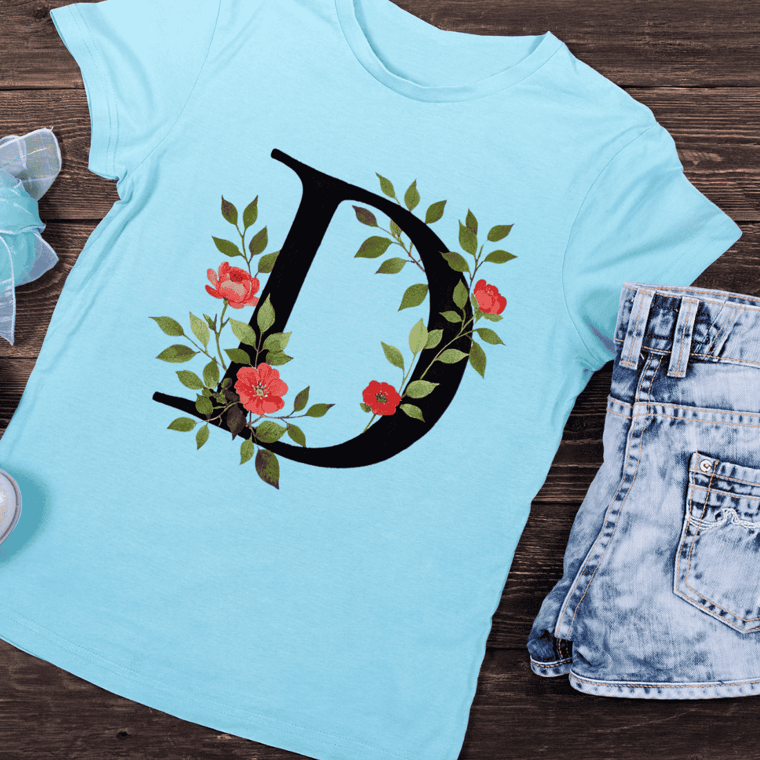 Elegant Floral Letter D Dark Botanical Monogram T-Shirt Design preview image.