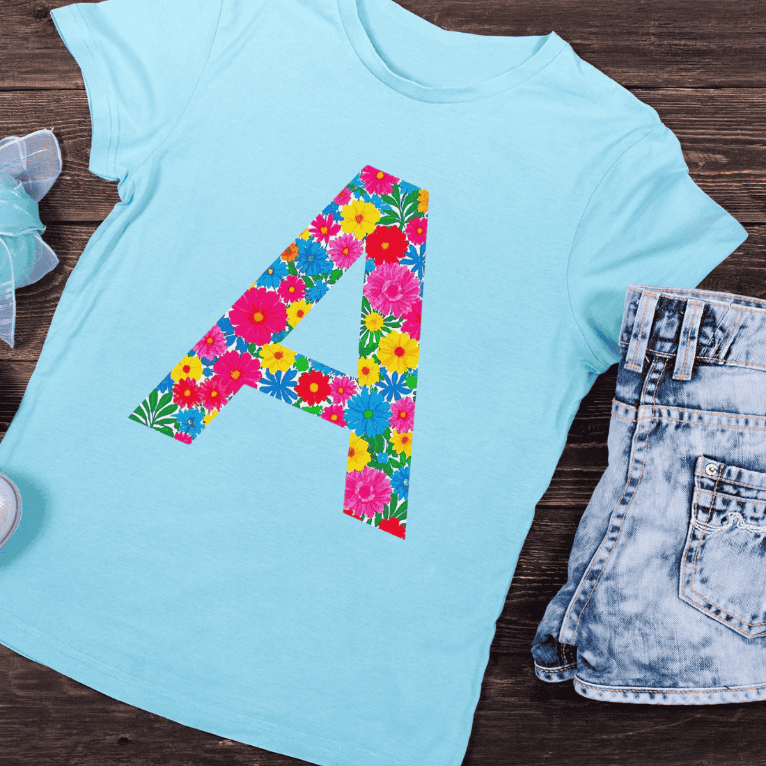 Summer Floral Initial A Bright Flower Pattern T-Shirt Design preview image.