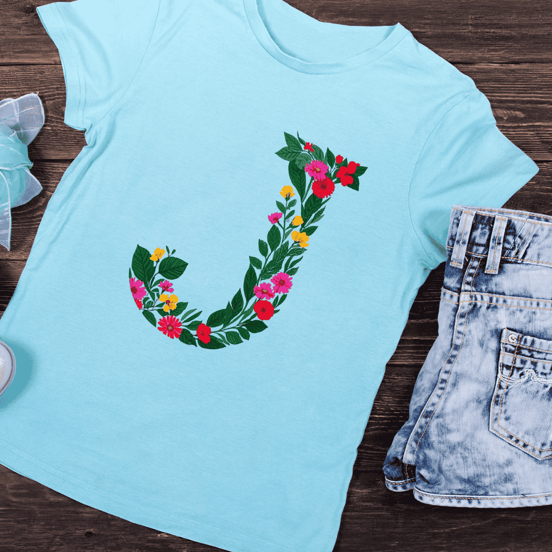 Floral Letter J T-Shirt Design preview image.