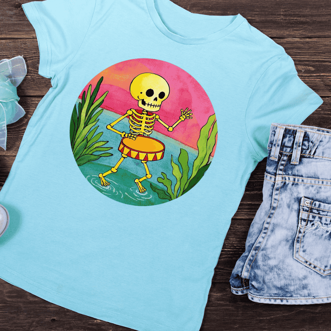 Skeleton Drum Water Plant T-Shirt Design preview image.