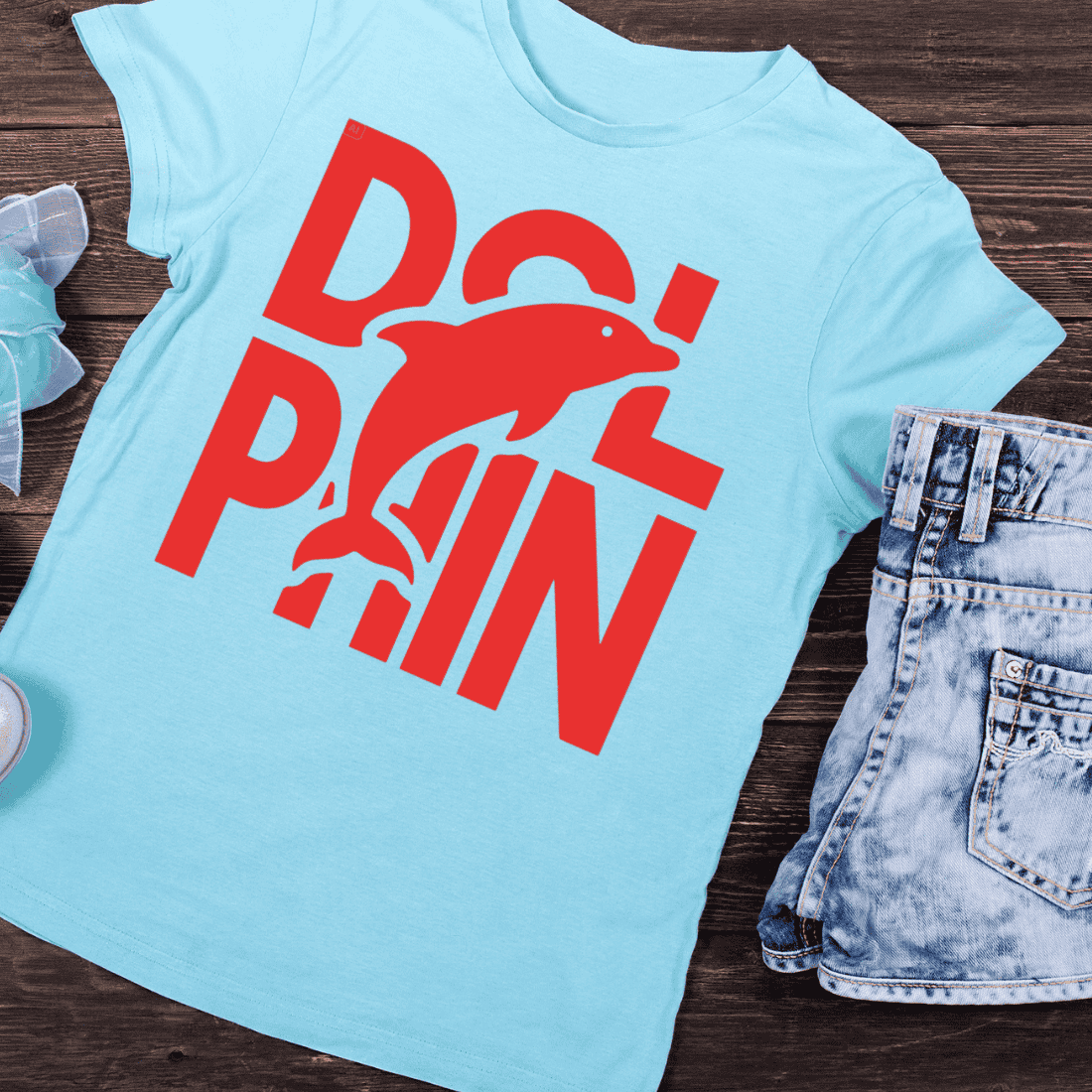 Red Dolphin Text T-Shirt Design preview image.