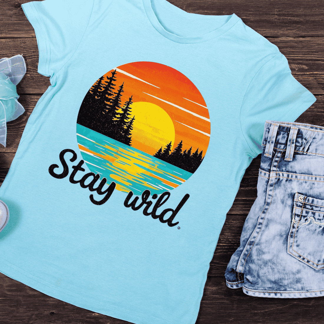 Stay Wild Sunset Landscape T-Shirt Design preview image.