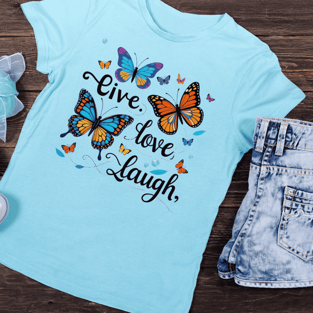 Live Love Laugh Butterflies T-Shirt Design preview image.