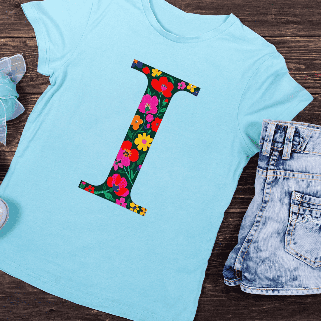 Colorful Flower Pattern Letter I T-Shirt Design preview image.