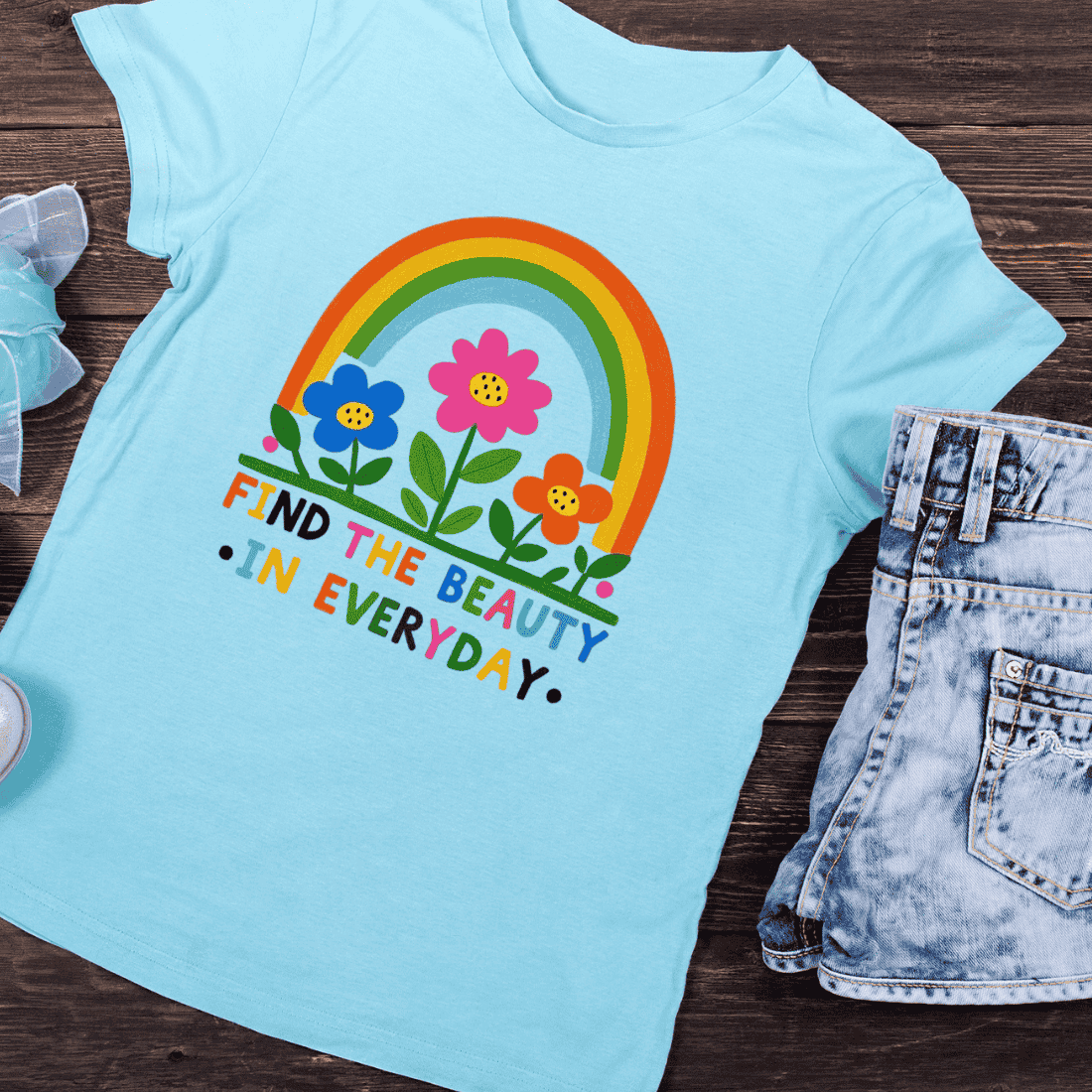 Inspirational Rainbow and Floral T-Shirt Design preview image.
