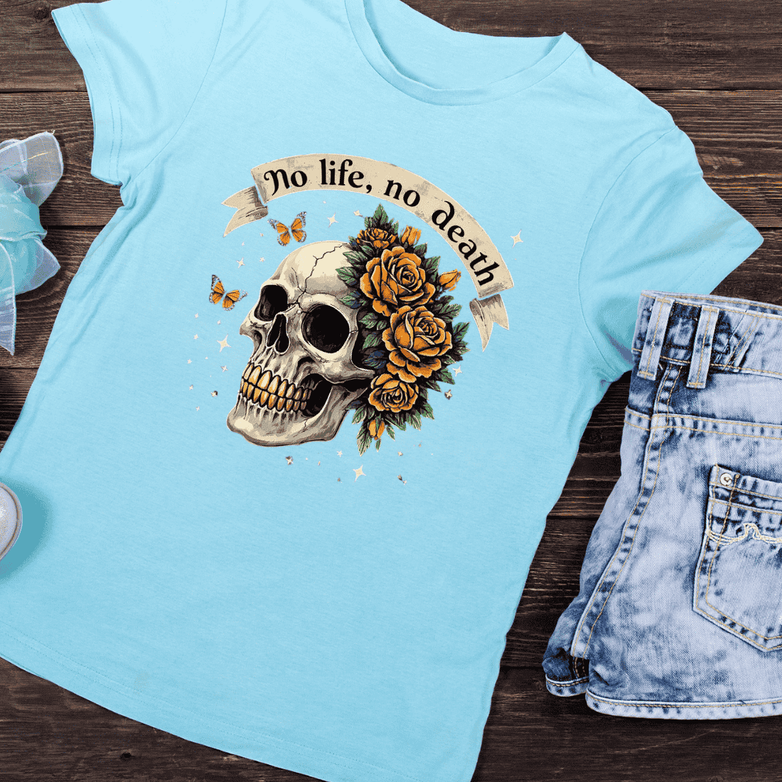 Skull Roses Butterflies No Life No Death T-Shirt Design preview image.