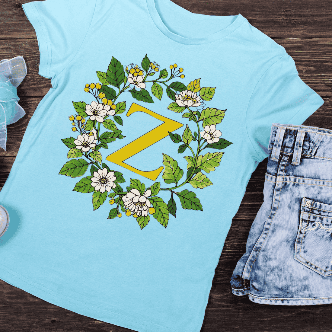 Classic Z Initial in Green Leaf and Flower Frame T-Shirt Design preview image.