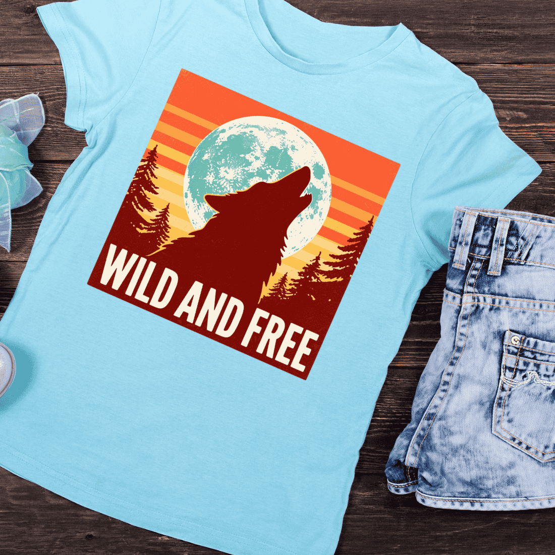 Wild and Free Howling Wolf Moon T-Shirt Design preview image.