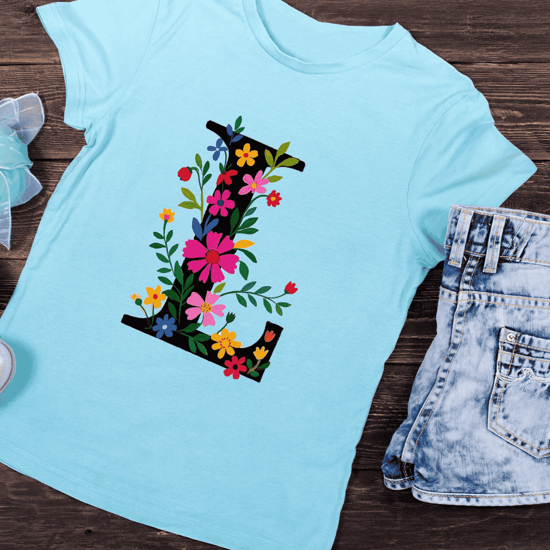 Colorful Embroidered Flower Letter L T-Shirt Design preview image.
