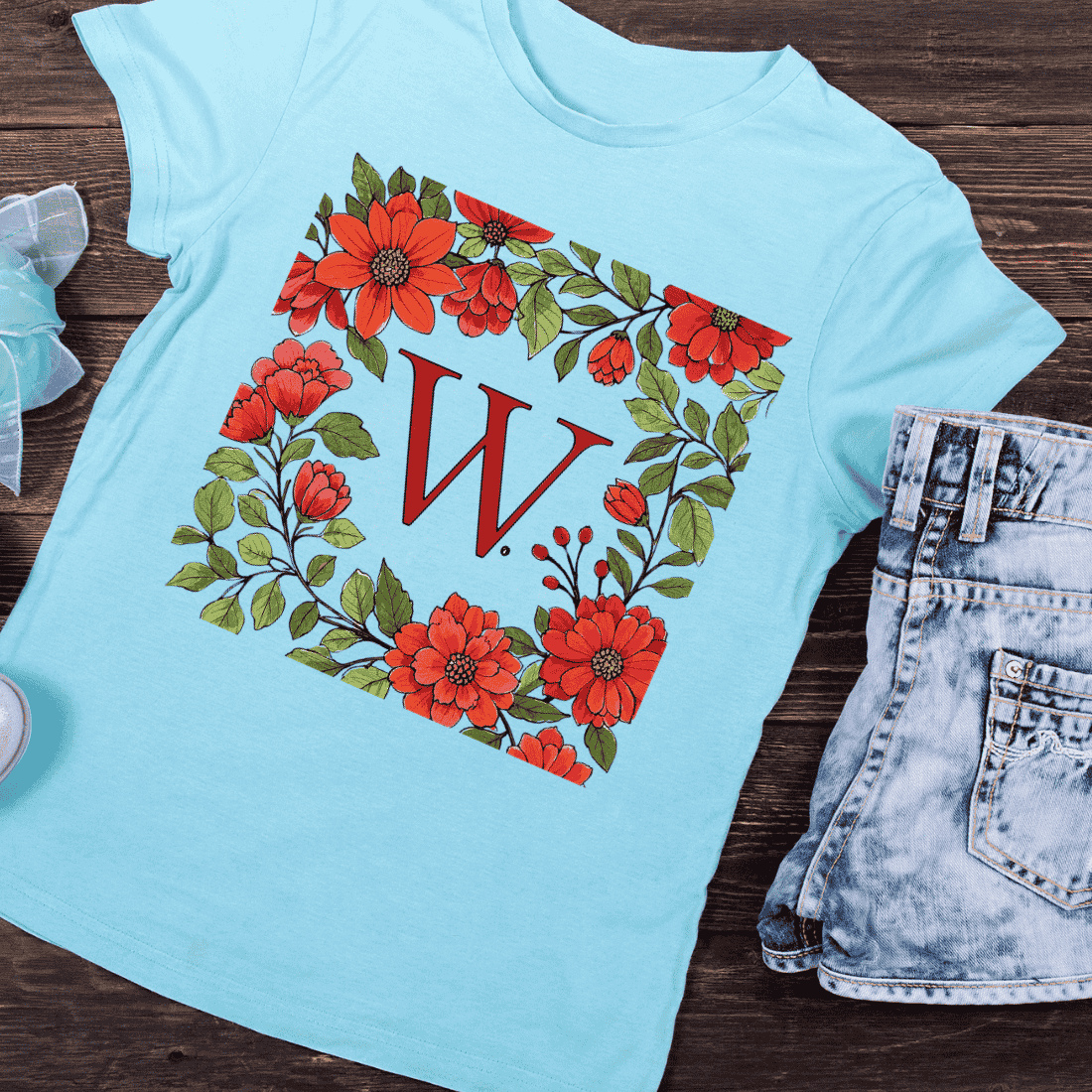 Floral Letter W with Red Flowers T-Shirt Design preview image.