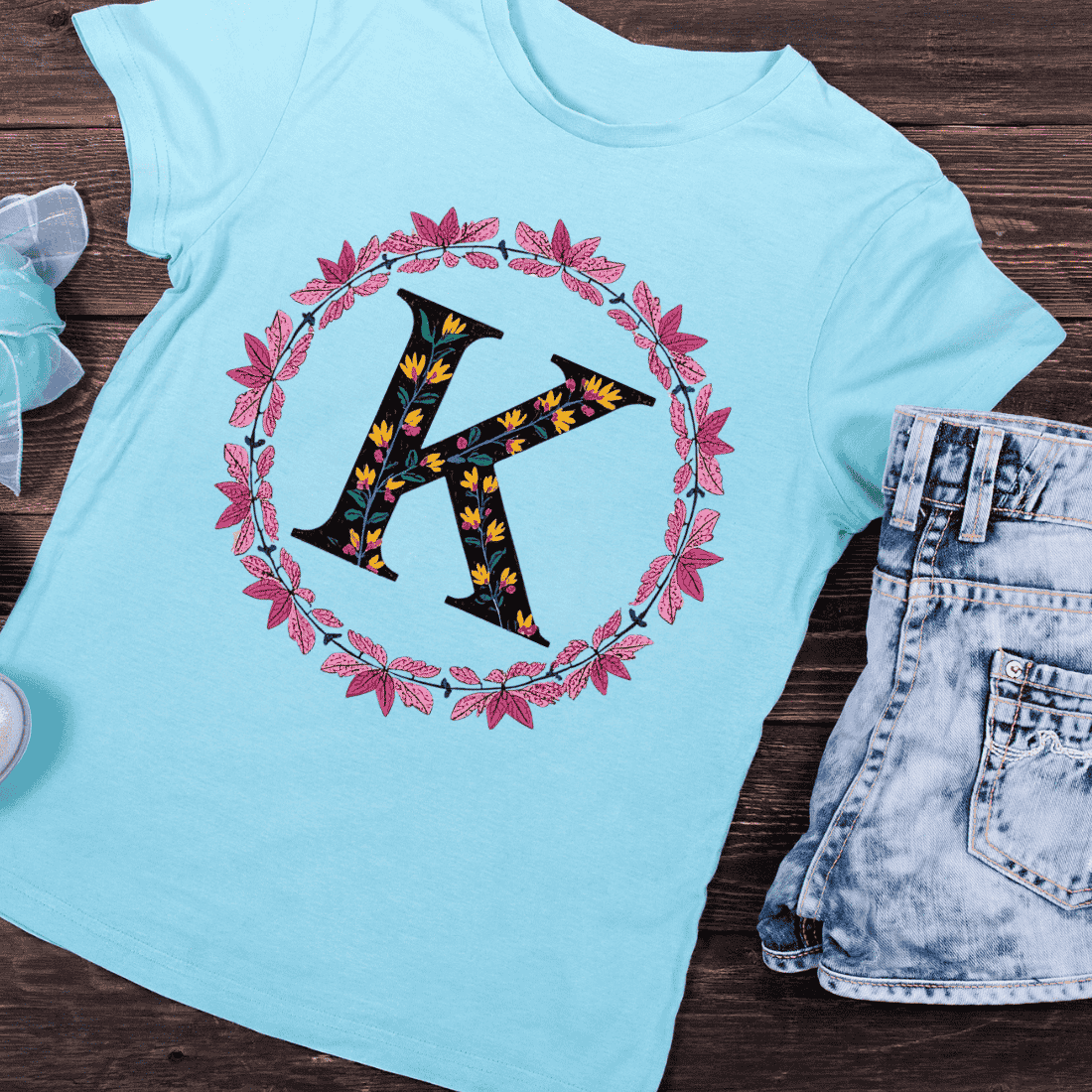 Colorful Floral K in Wreath T-Shirt Design preview image.