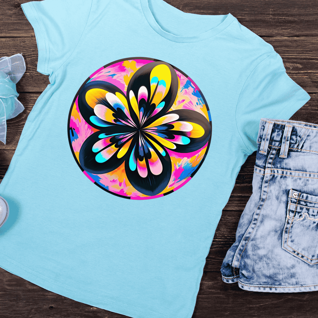 Colorful Psychedelic Floral Mandala T-Shirt Design preview image.