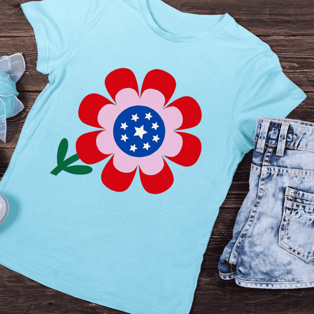 Starry Blossom American Themed Colors T-Shirt Design preview image.