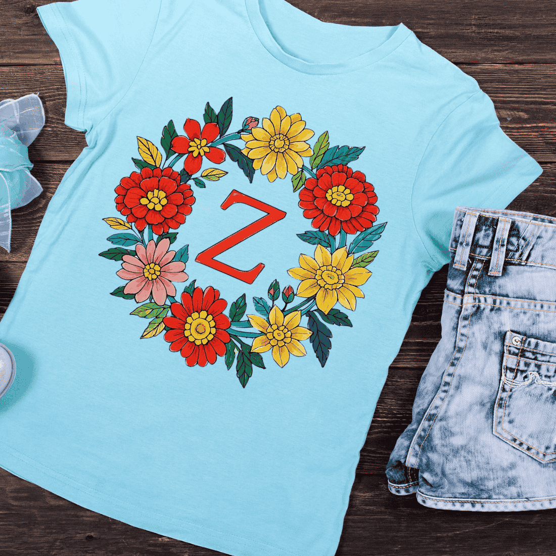 Vibrant Floral Letter Z Wreath Bold Colors T-Shirt Design preview image.