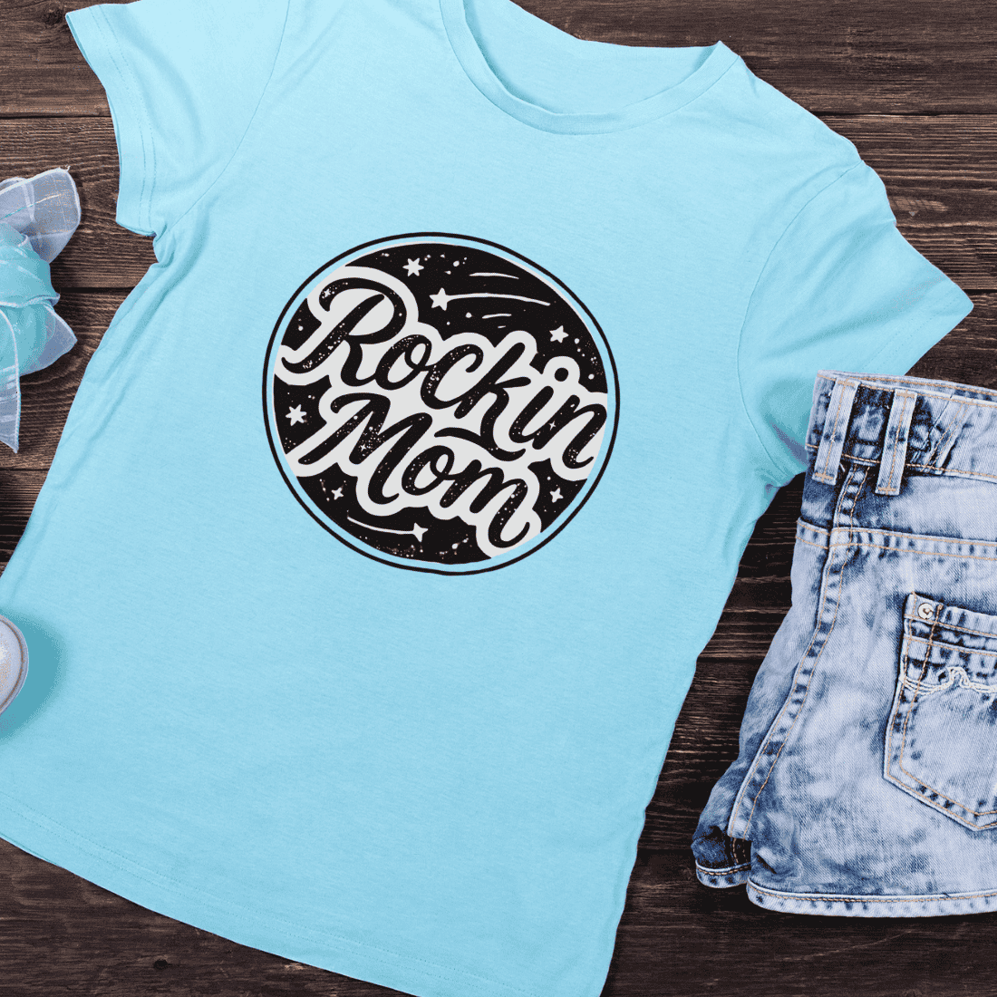 Black and White Rockin' Mom Typography T-Shirt Design preview image.