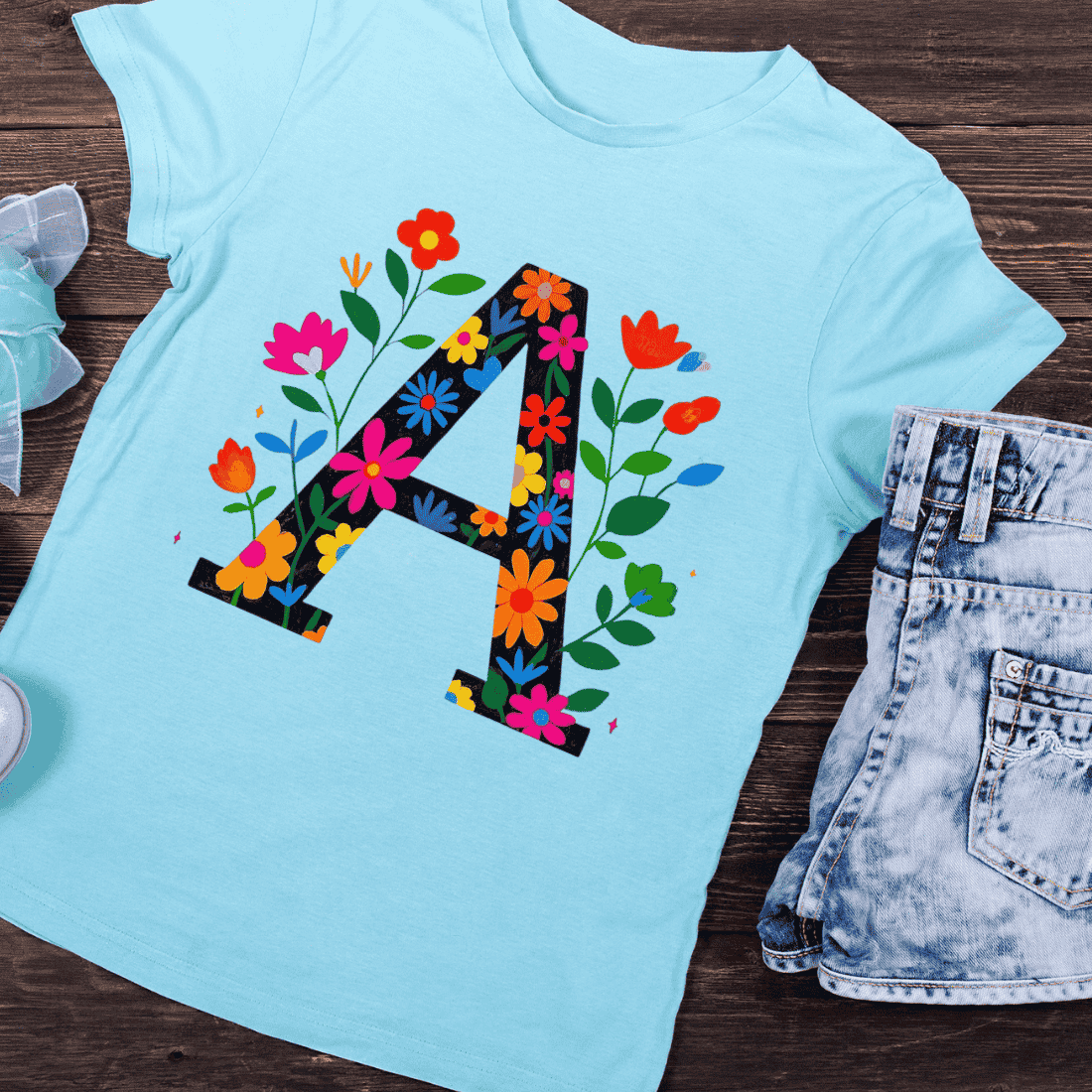 Floral Letter A Vibrant Blooms Alphabet T-Shirt Design preview image.