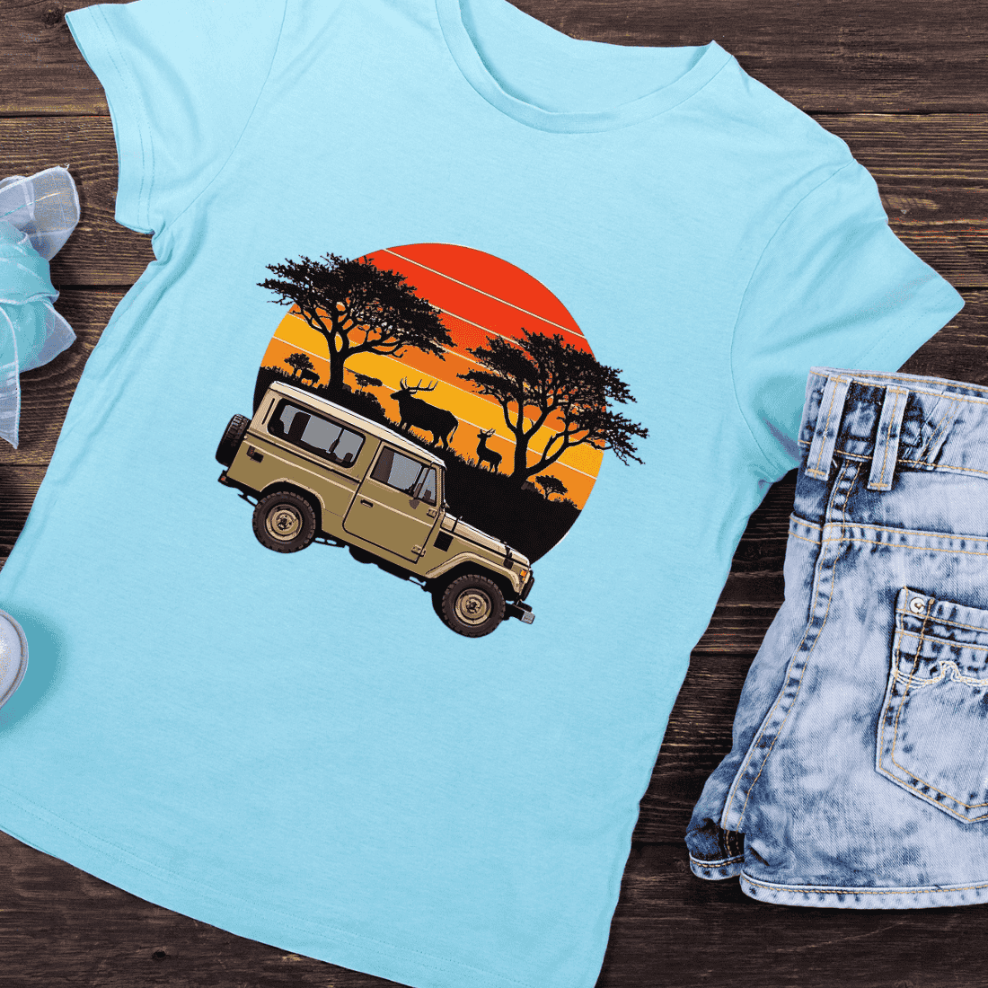 Retro Adventure Car T-Shirt Design preview image.