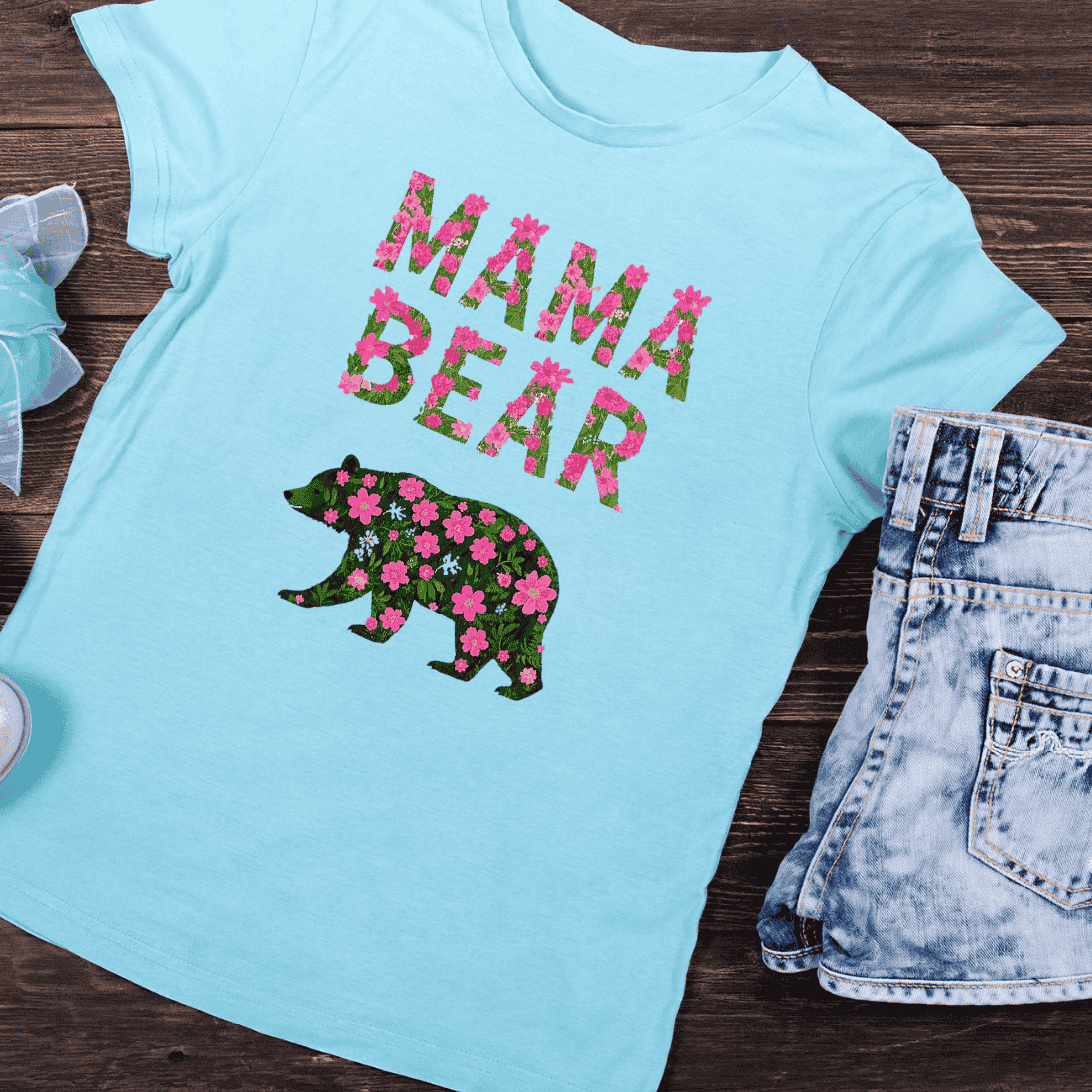 Cute Mama Bear Floral T-Shirt Design preview image.