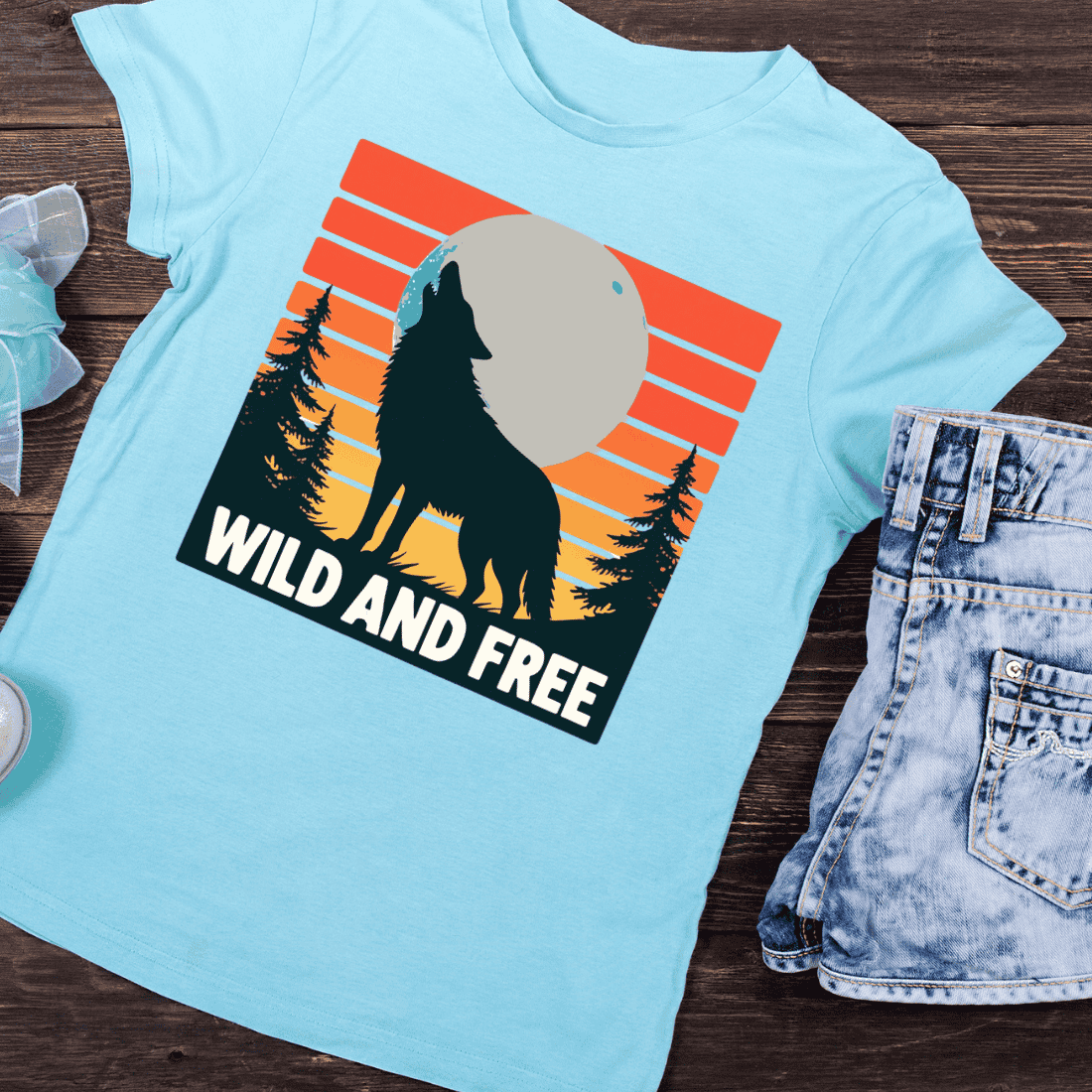 Wolf Silhouette Retro Moon Forest T-Shirt Design preview image.