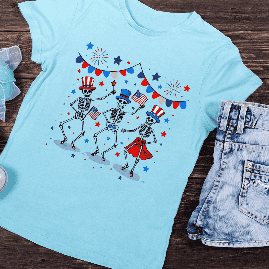 4th of July Skeletons Party T-Shirt Design preview image.