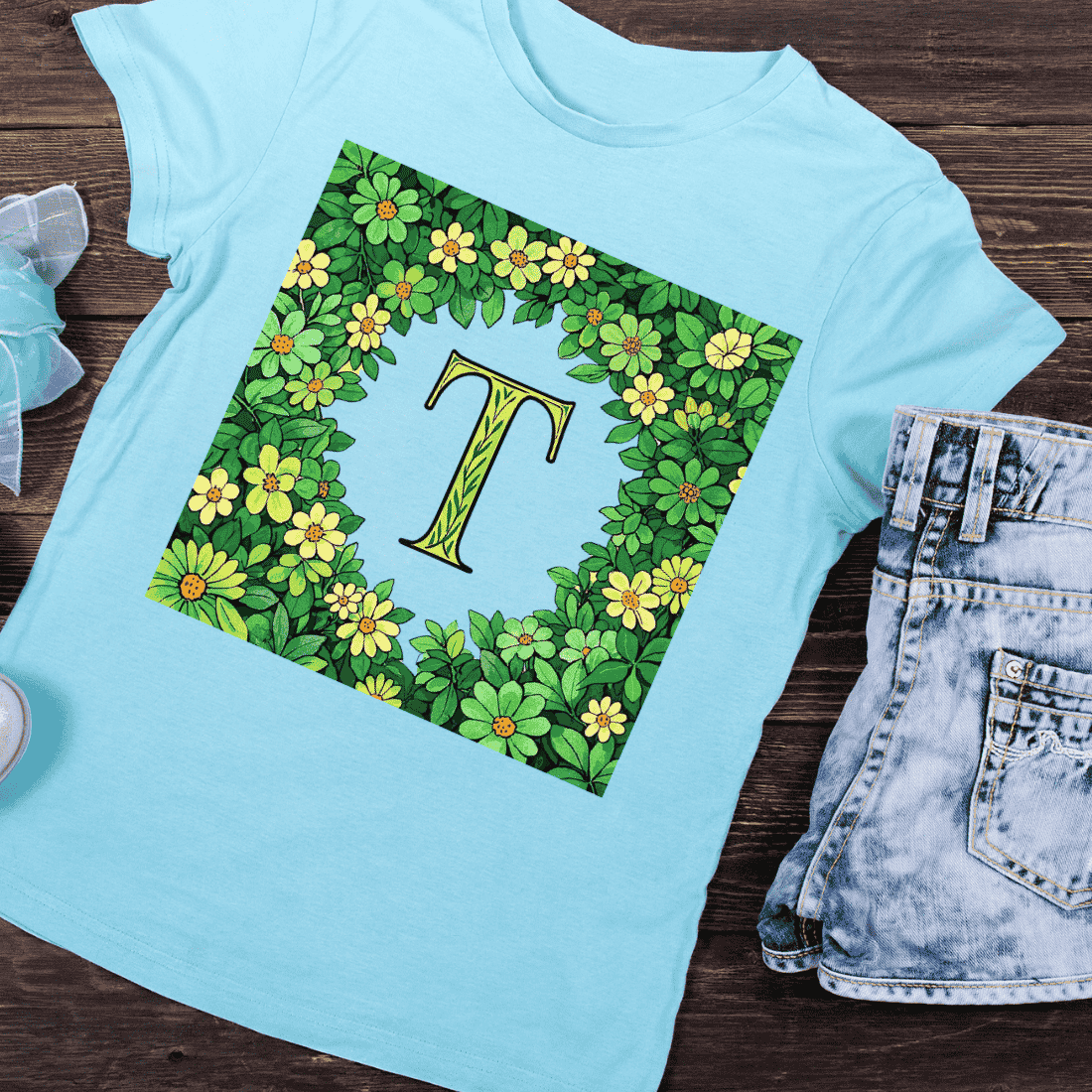 Fresh Green Letter T in Flower Frame T-Shirt Design preview image.