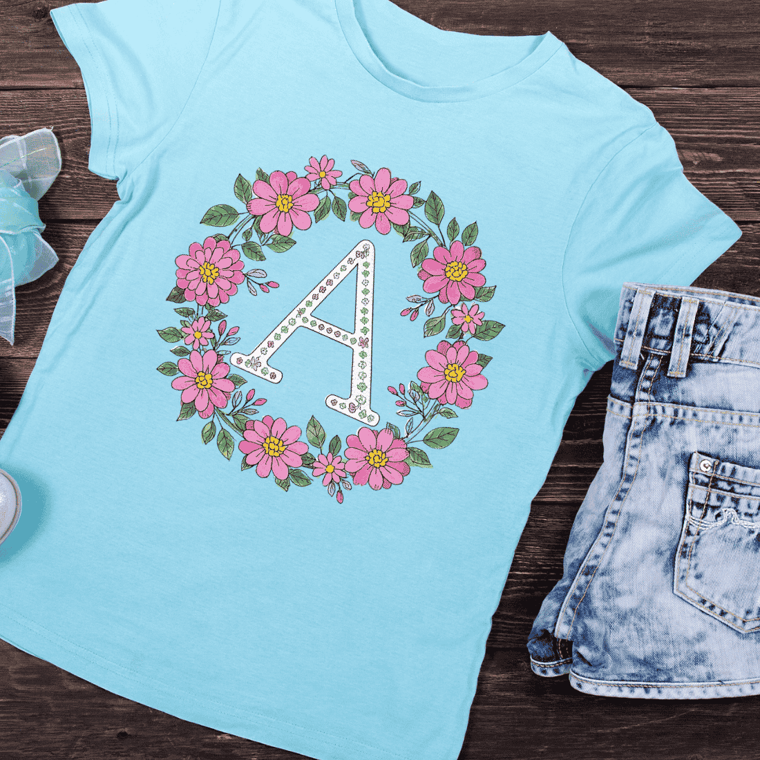 Hand-Drawn Floral Wreath Letter A T-Shirt Design preview image.