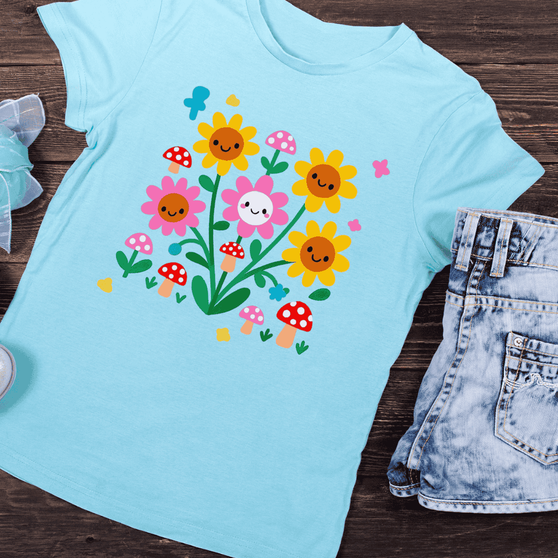 Cute Flowers and Mushrooms T-Shirt Design preview image.