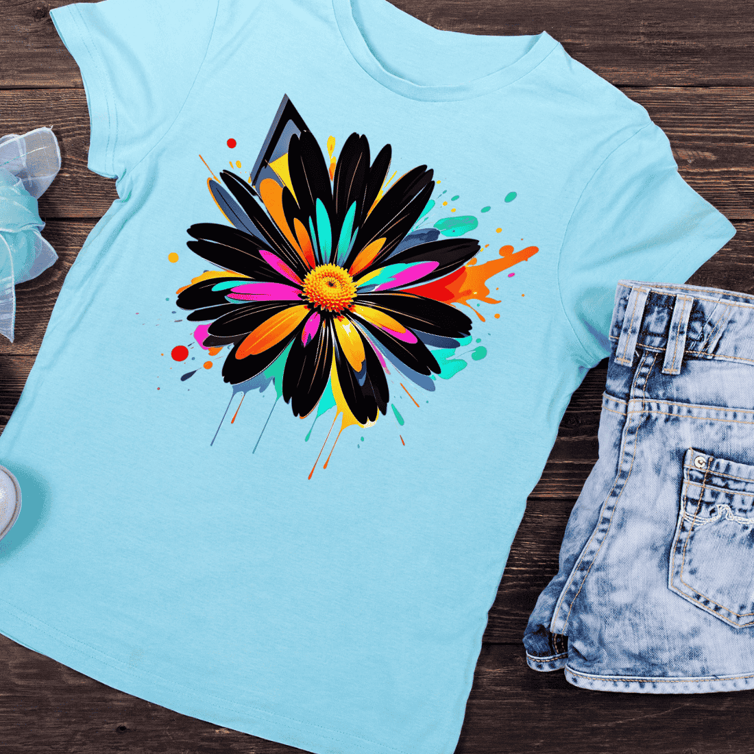 Bold Black Petal Colorful Flower T-Shirt Design preview image.