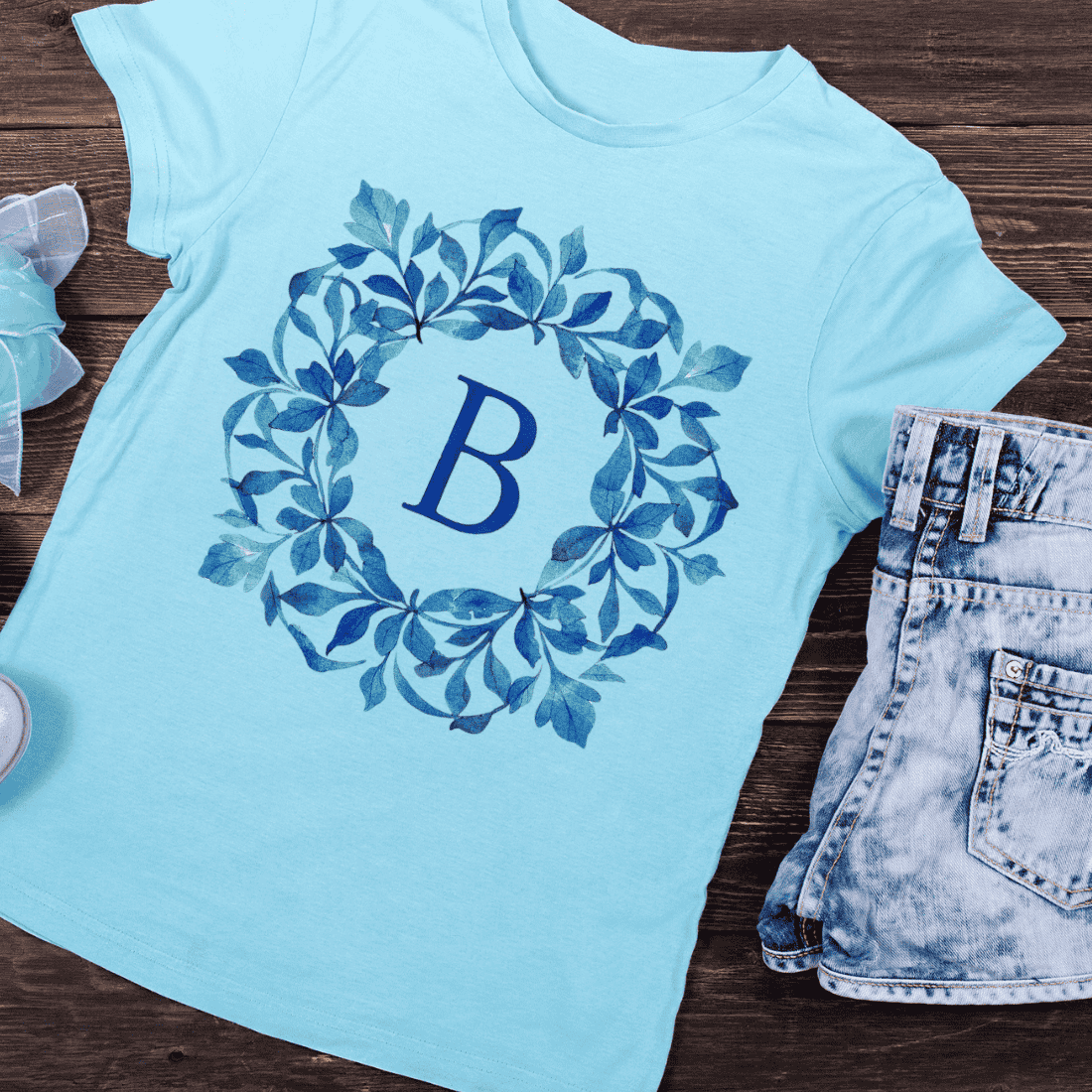Letter B in Blue Leaf Wreath T-Shirt Design preview image.
