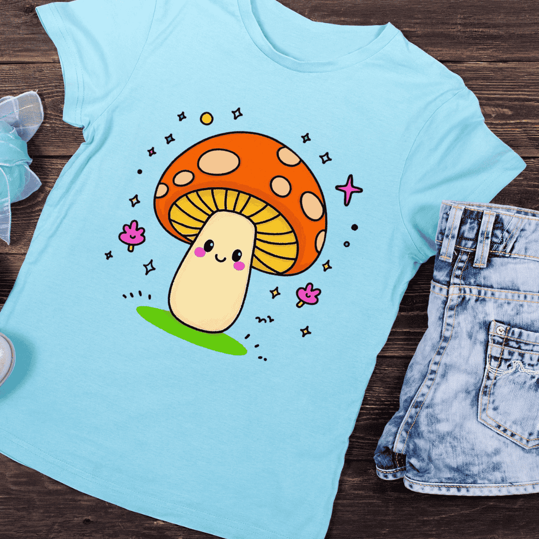 Colorful Smiling Mushroom T-Shirt Design preview image.