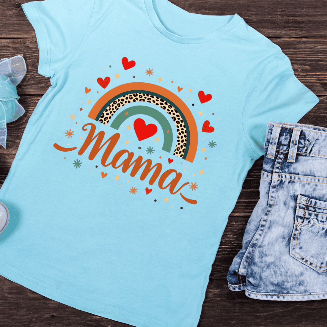 Mama Script with Hearts and Rainbow T-Shirt Design preview image.