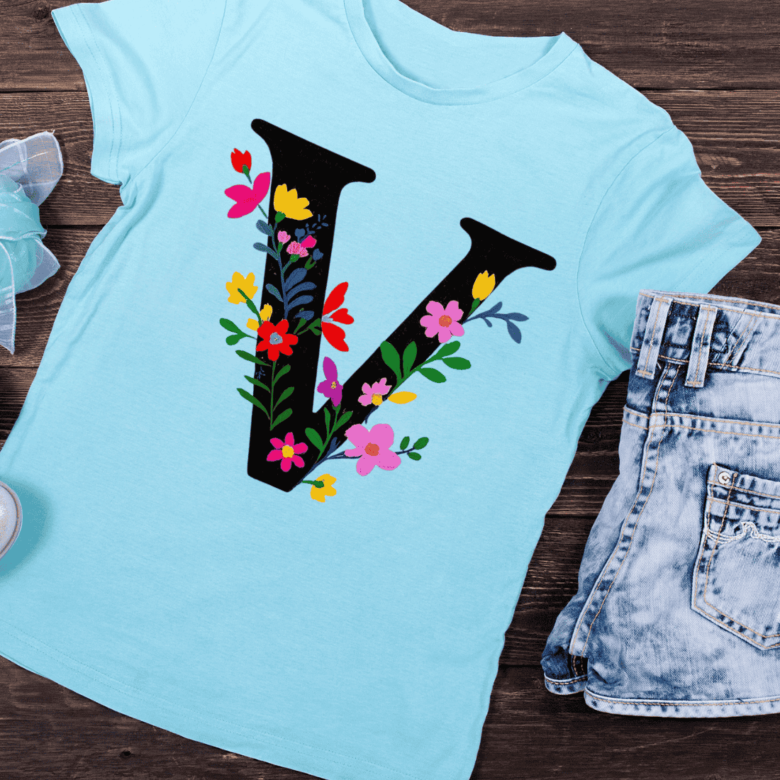 Floral Letter V Alphabet with Flowers T-Shirt Design preview image.