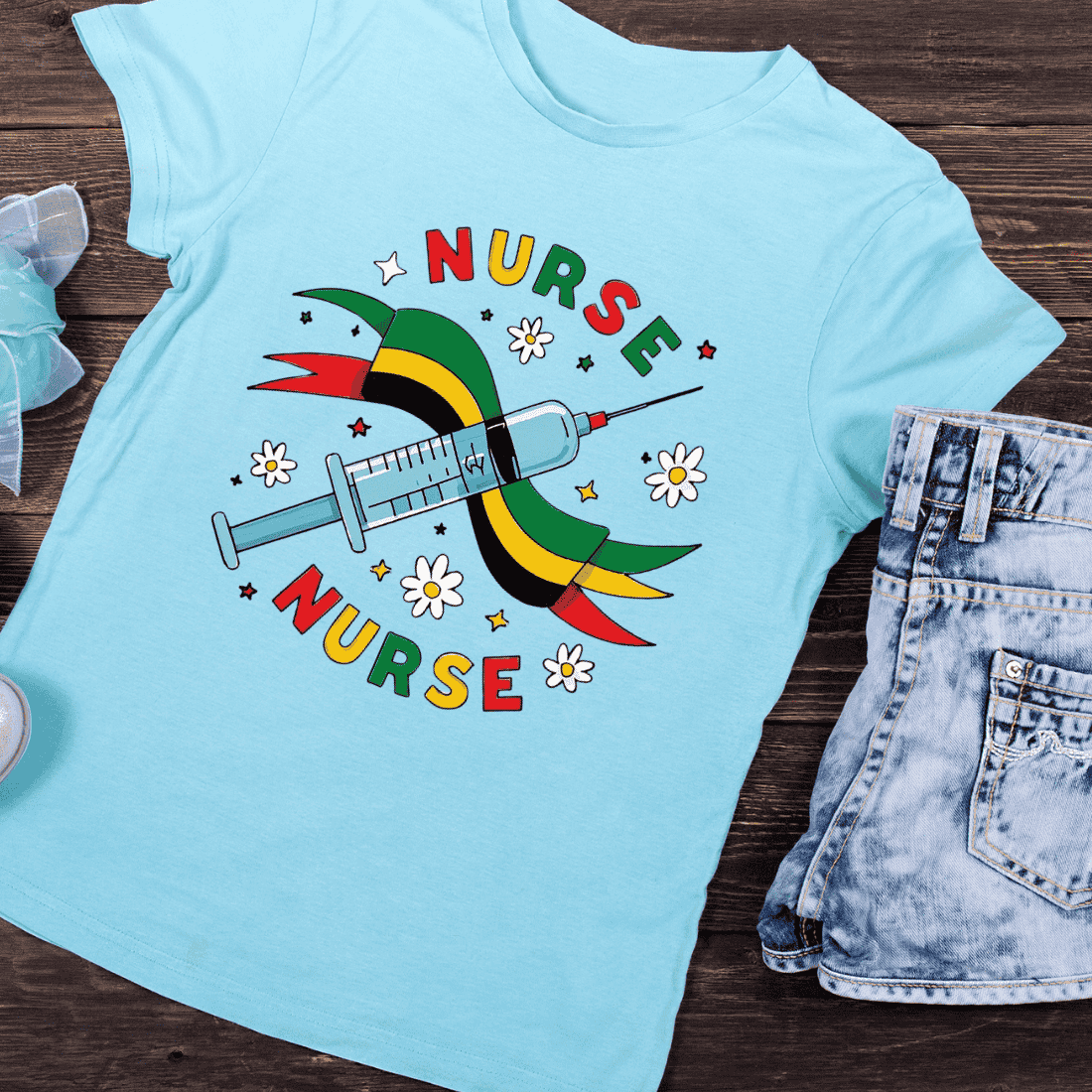 Hand Drawn Syringe and Nurse Text for Medical Projects T-Shirt Design preview image.