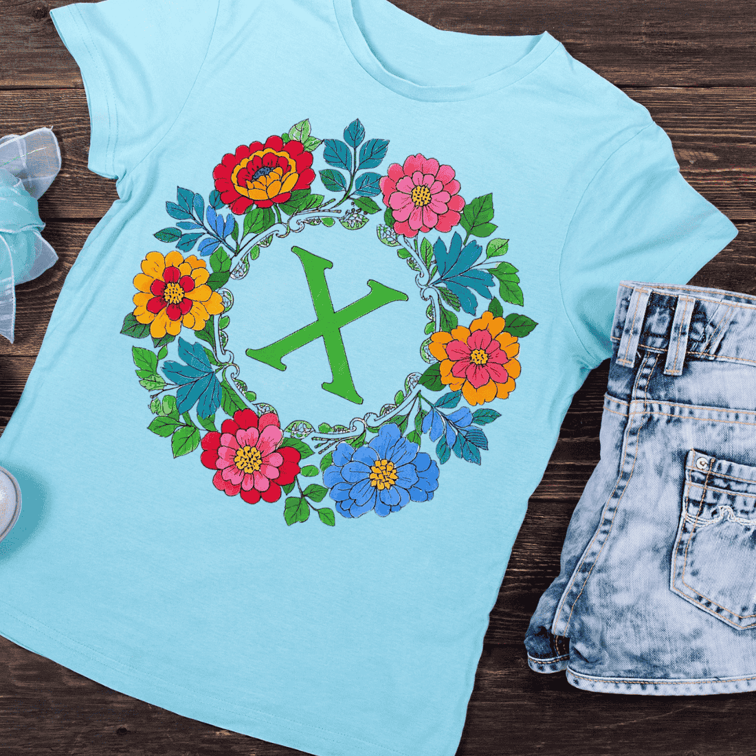 Traditional Floral Alphabet X T-Shirt Design preview image.