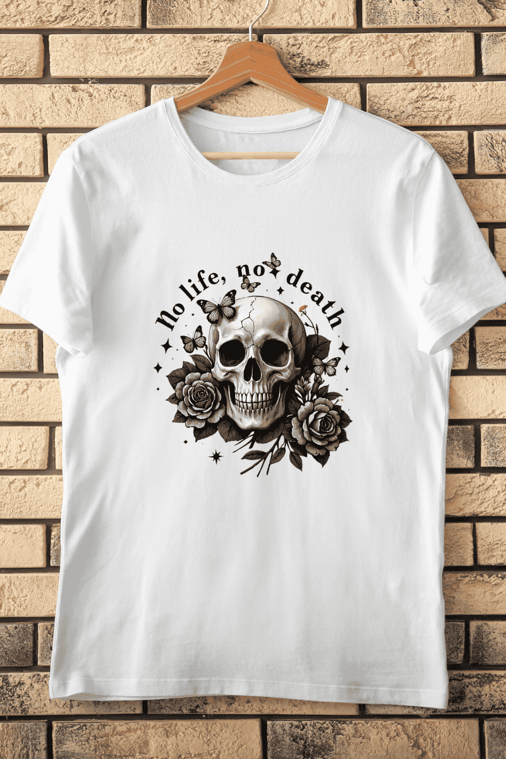 Gothic Skull Rose Butterfly T-Shirt Design pinterest preview image.