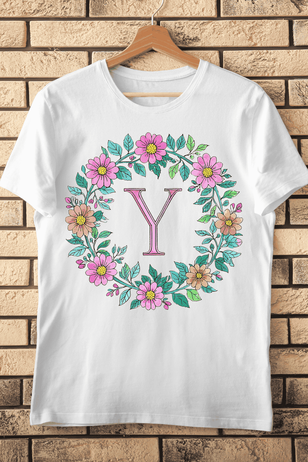 Watercolor Y Initial with Pink Flowers T-Shirt Design pinterest preview image.