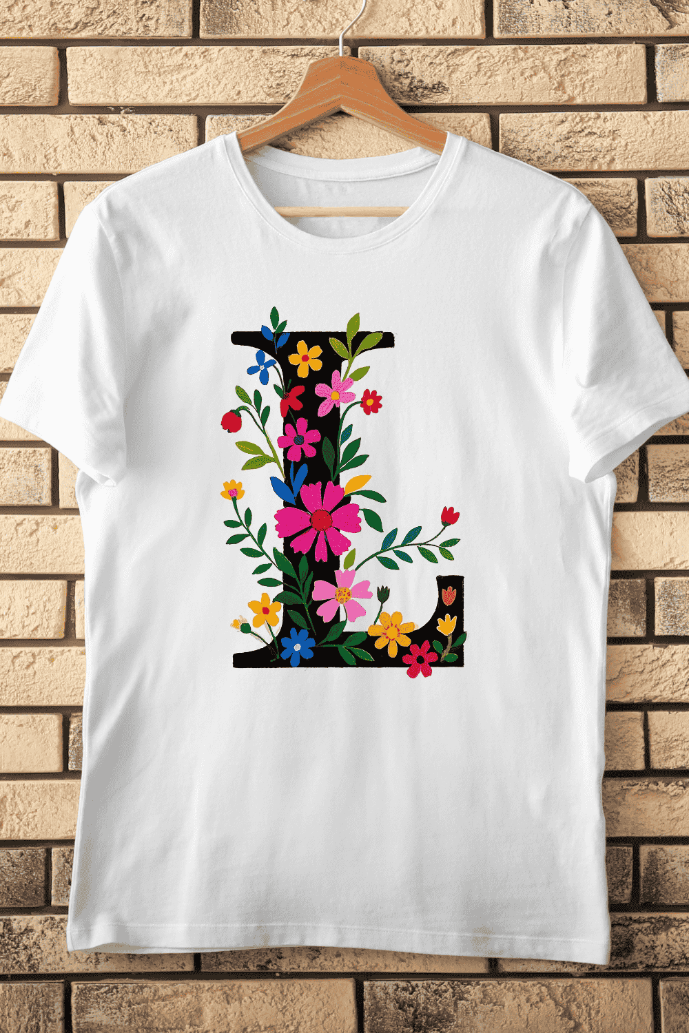 Colorful Embroidered Flower Letter L T-Shirt Design pinterest preview image.