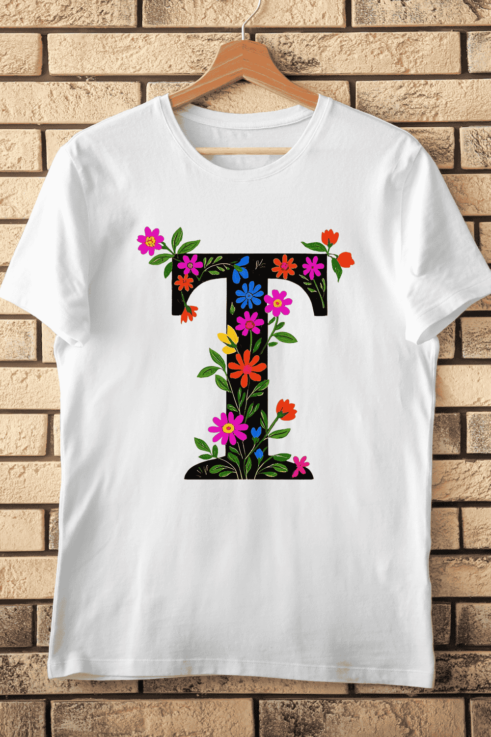 Floral Alphabet Letter T with Colorful Flowers T-Shirt Design pinterest preview image.
