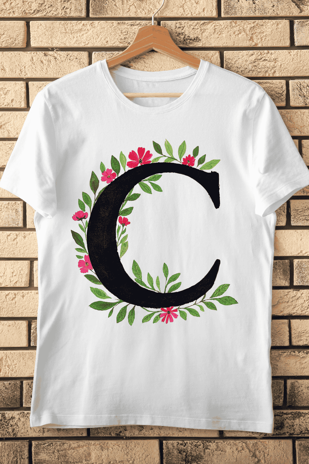 Elegant Floral Letter C Dark Botanical Monogram T-Shirt Design pinterest preview image.