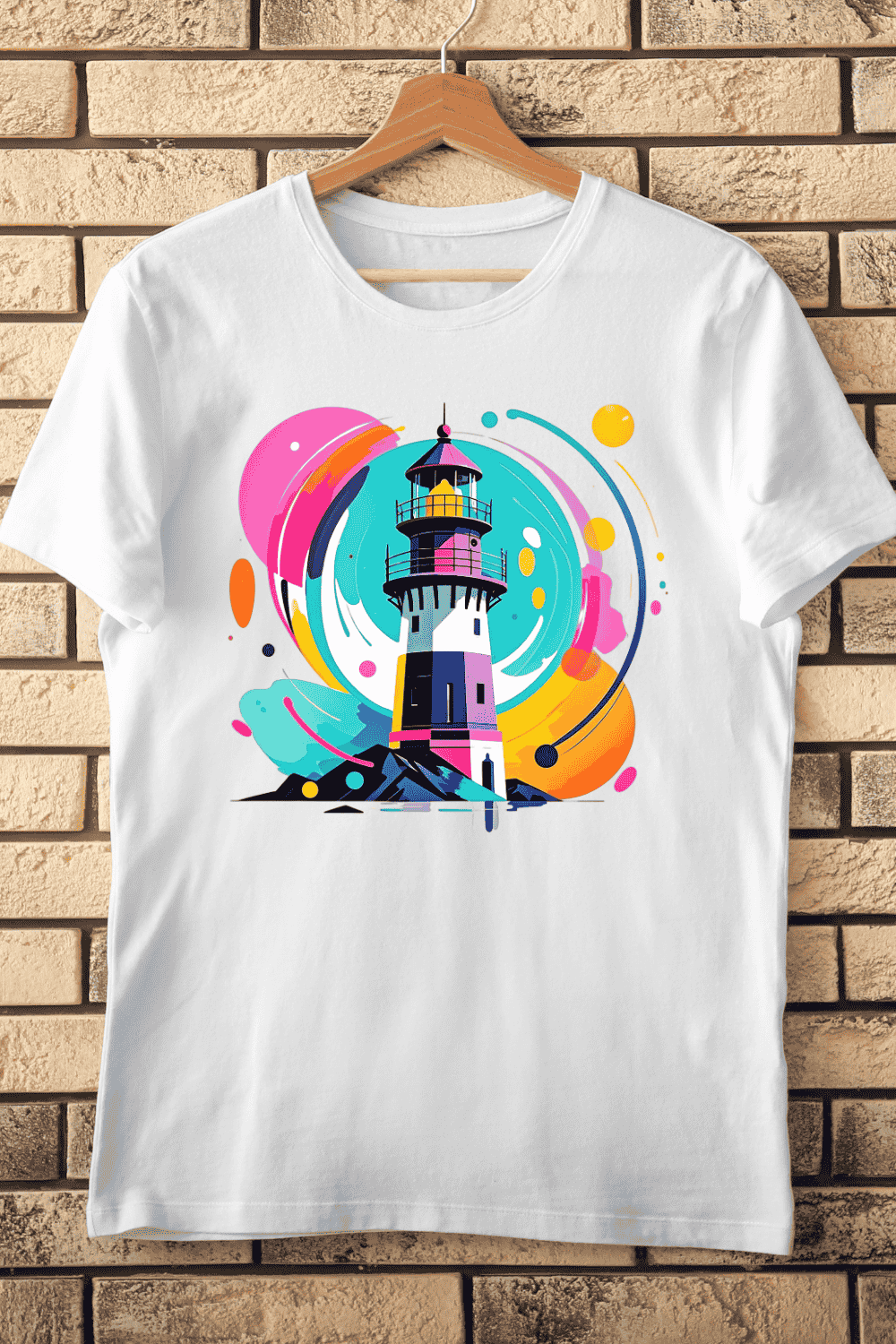 Modern Art Lighthouse T-Shirt Design pinterest preview image.