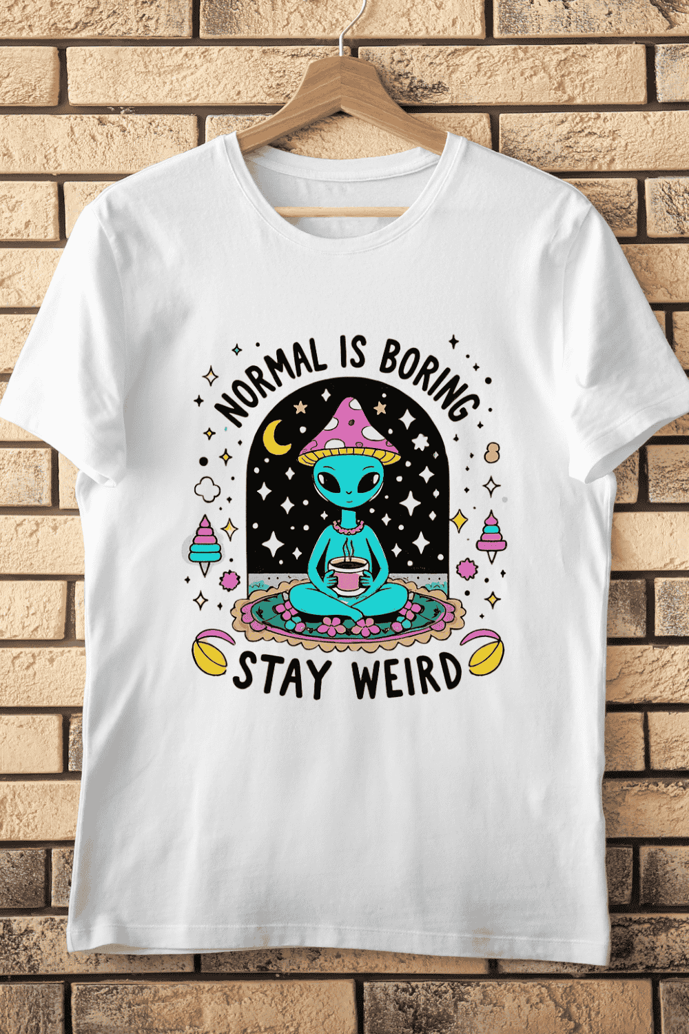 Weird Alien with Magic Mushrooms T-Shirt Design pinterest preview image.
