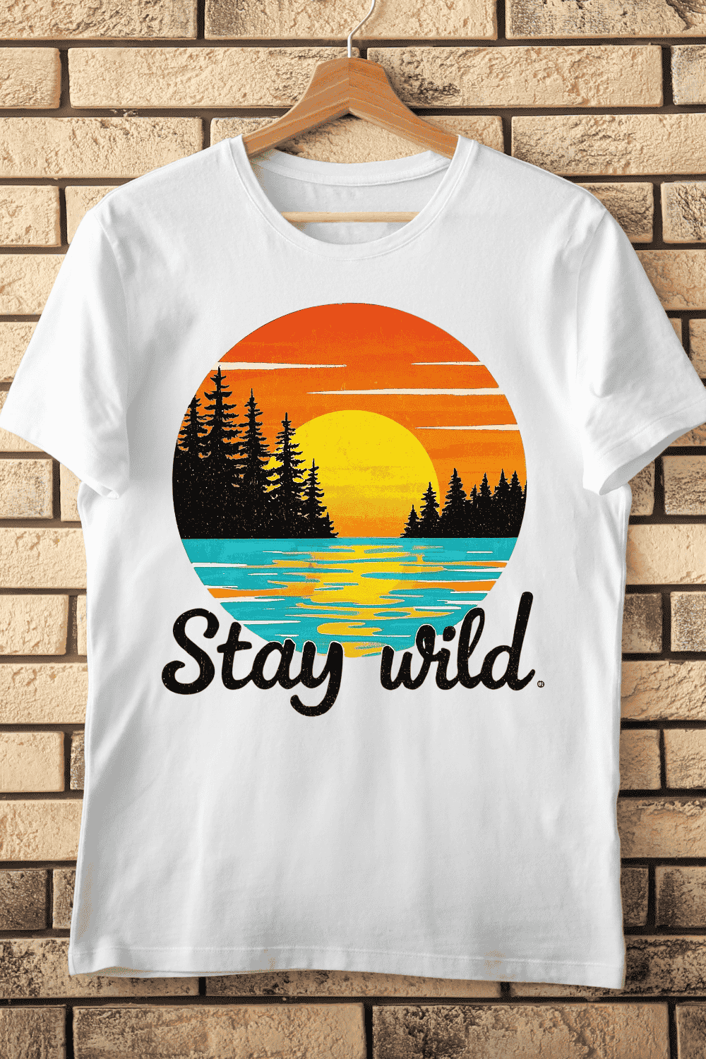 Stay Wild Sunset Landscape T-Shirt Design pinterest preview image.