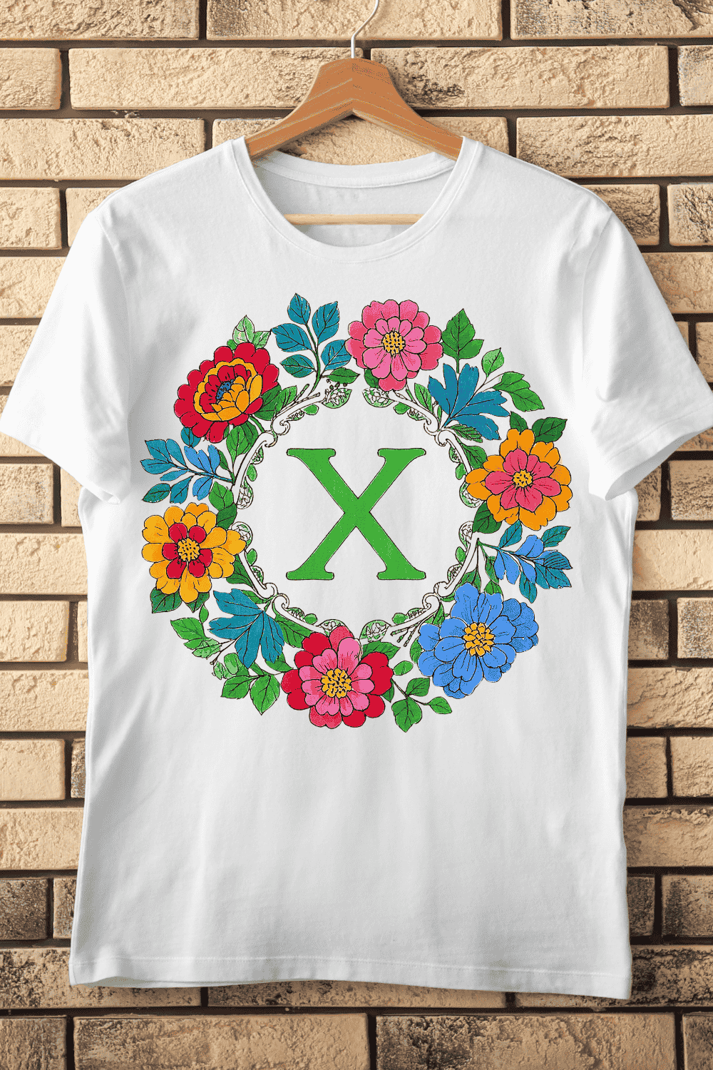 Traditional Floral Alphabet X T-Shirt Design pinterest preview image.
