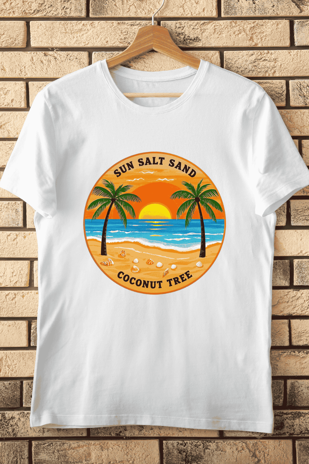 Sun Salt Sand Coconut Tree Beach T-Shirt Design pinterest preview image.