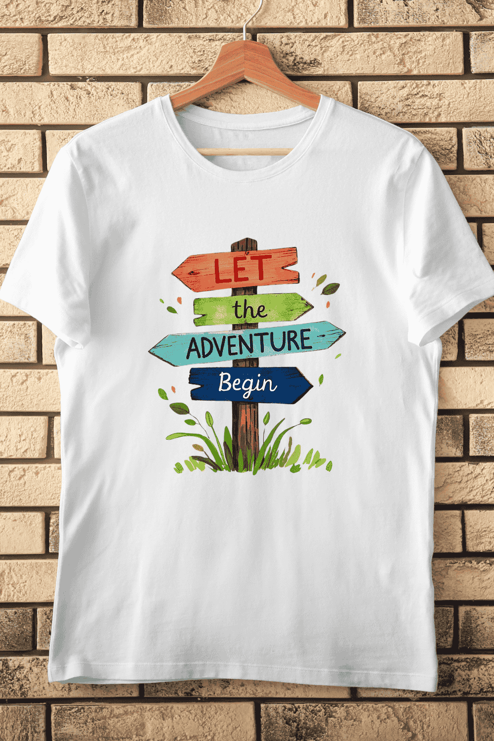 Let the Adventure Begin Signpost T-Shirt Design pinterest preview image.