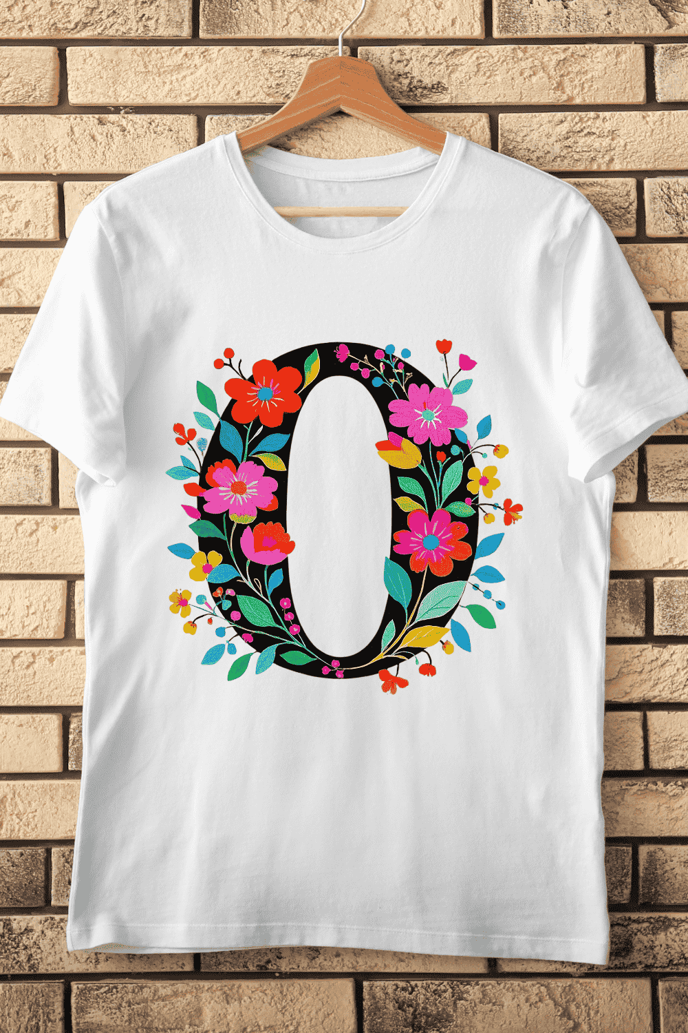 Black Letter O with Colorful Floral Decoration T-Shirt Design pinterest preview image.