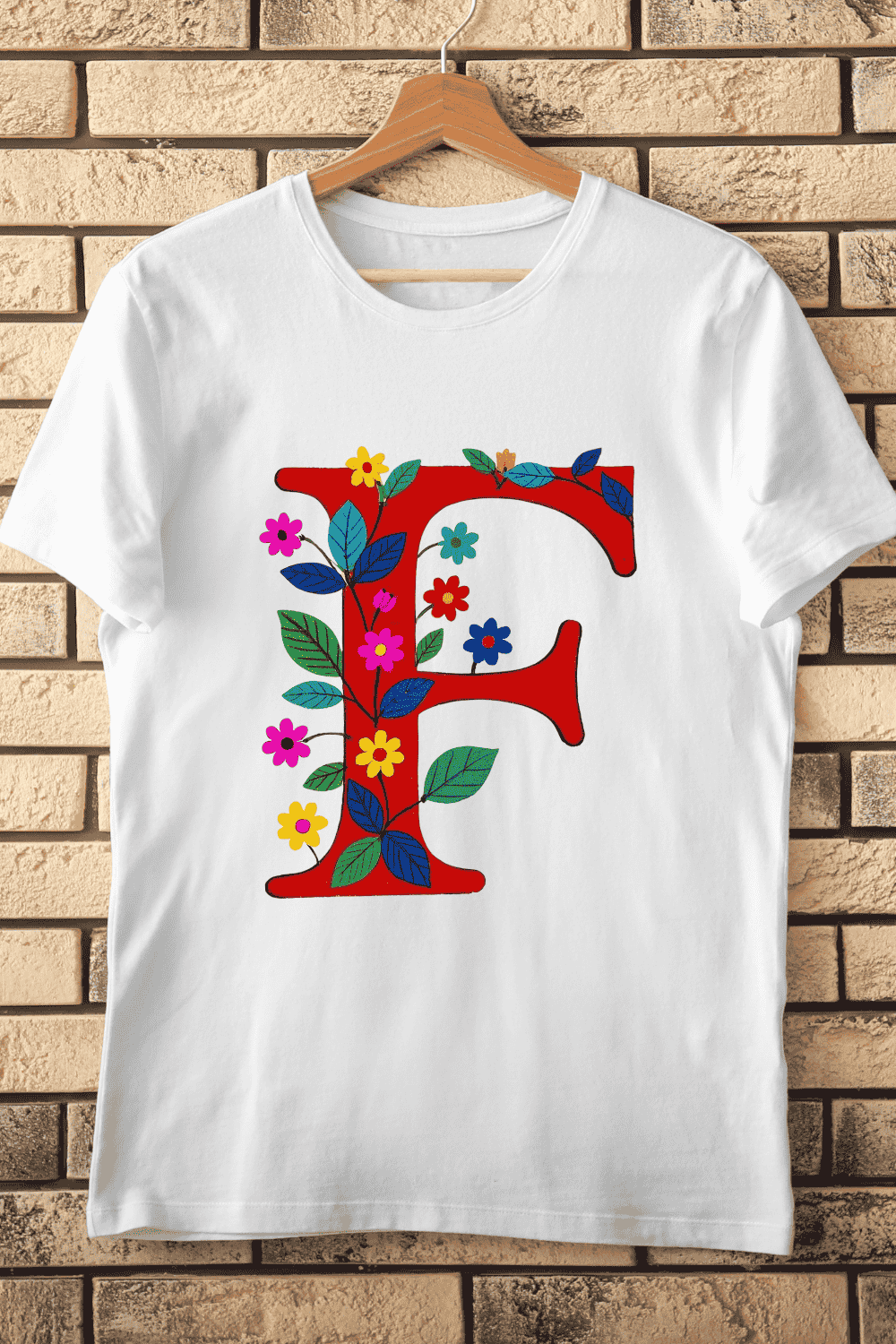 Colorful Letter F with Artistic Botanical Decor T-Shirt Design pinterest preview image.