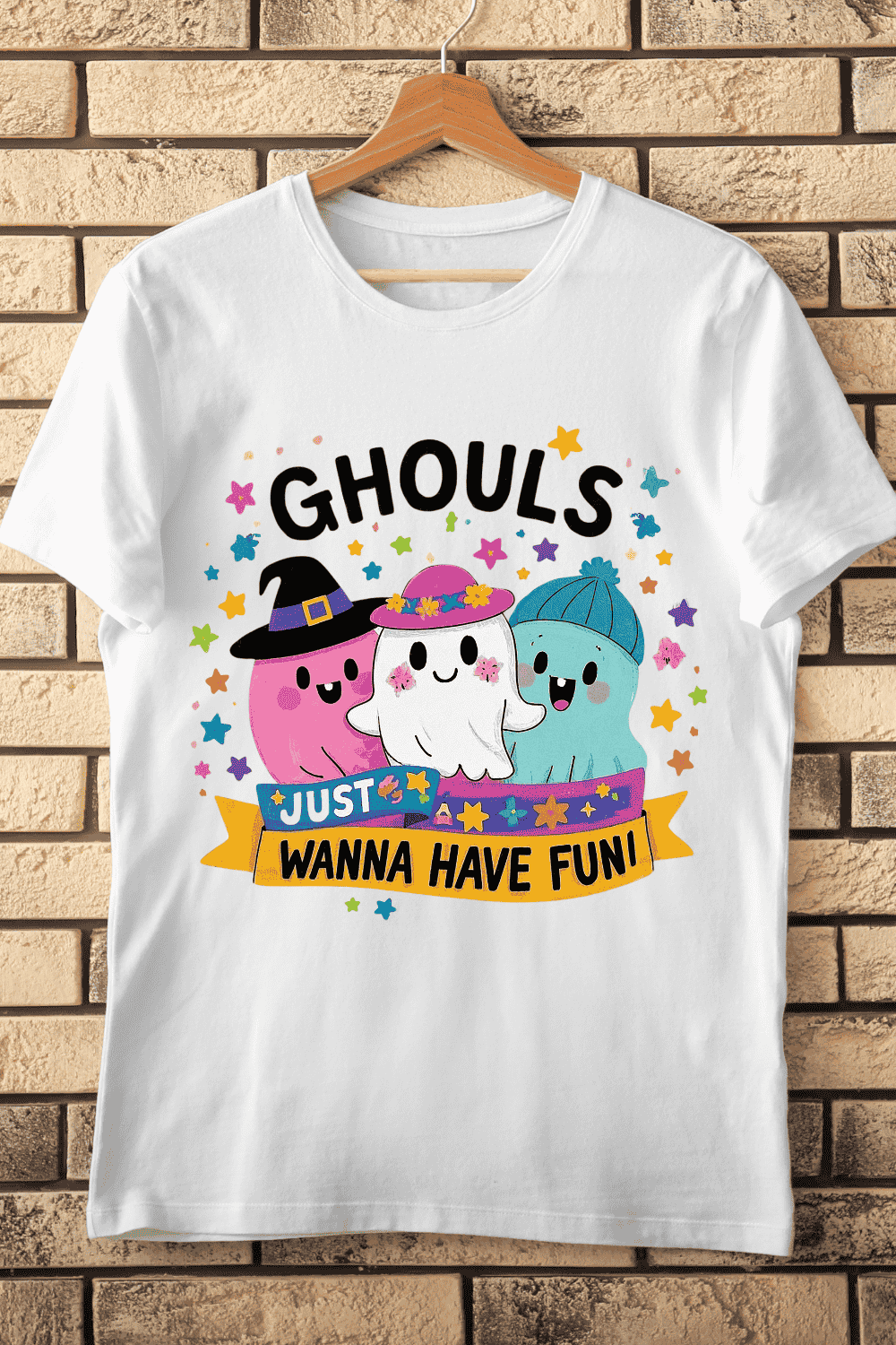 Cartoon Ghosts with Hats and Funny Quote T-Shirt Design pinterest preview image.